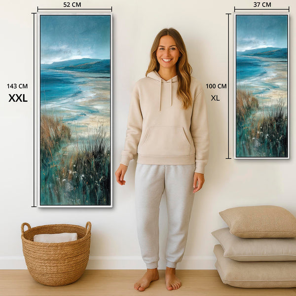 Tall Irish Coastal Framed Wall Art Canvas - Teal Blue - Storm