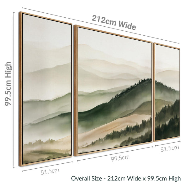 Extra Large Set 3 Framed Canvases Highland Green Misty Forest