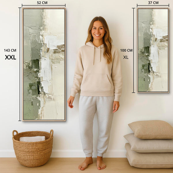 Tall Sage Green Cream Framed Wall Art - Abstract Canvas - Anya