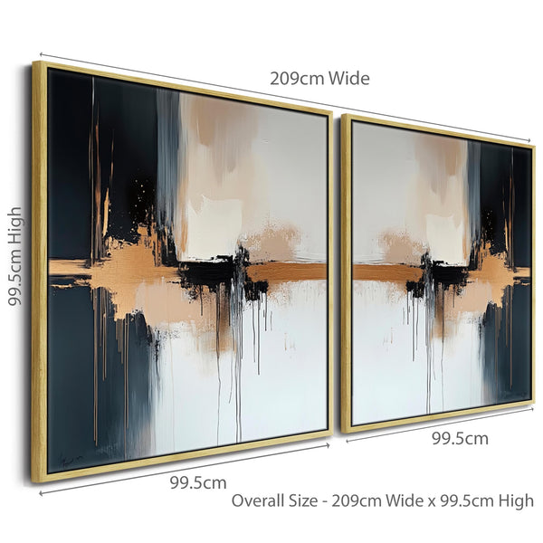 Extra Large Framed Abstract Pair Canvas - Black Gold Panorama