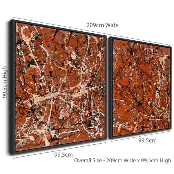 Large Jackson Pollock Style Pair 2 Framed XXL Canvases - Umber