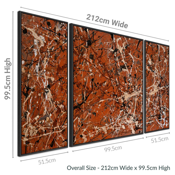 Extra Large Jackson Pollock Style Set 3 Framed Canvases - Rust