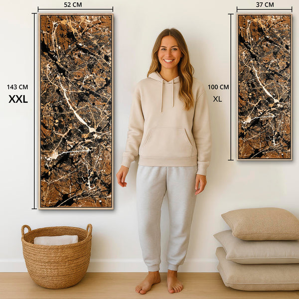 Tall Framed Upright Canvas Art - Brown Cream Abstract - Chaos