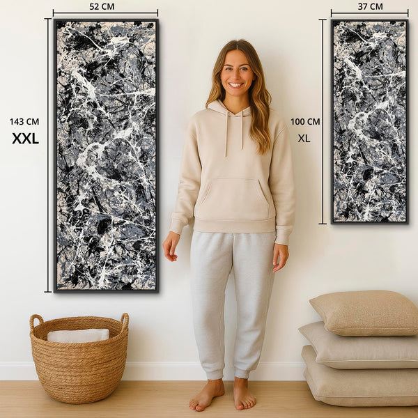 Tall Jackson Pollock Style Neutral Grey Framed Canvas - Havoc