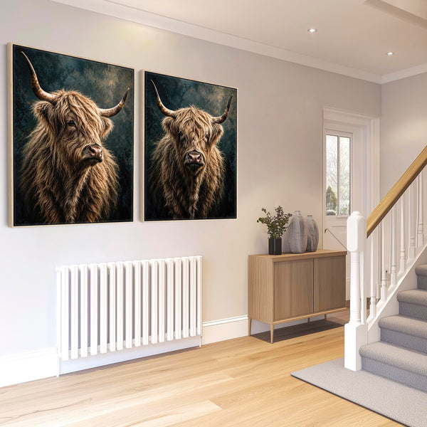 Lassies - Highland Cows - Emotive Pair Framed Artwork on Canvas
