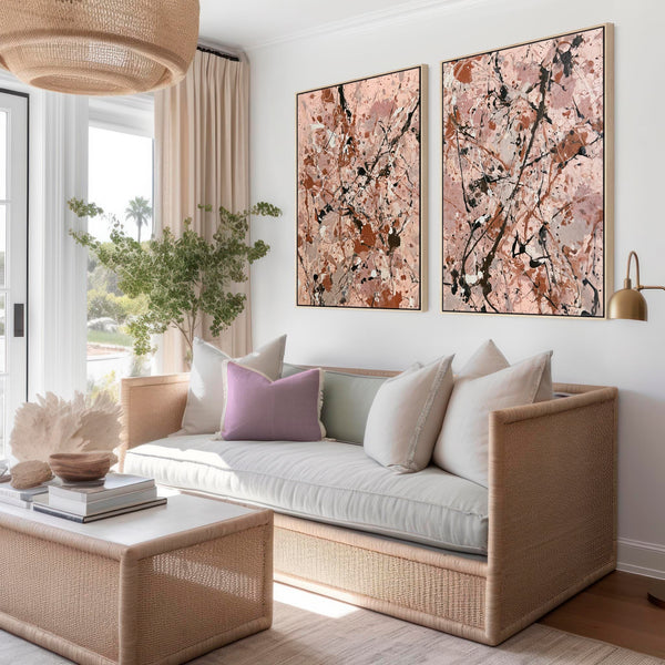 Bedroom Framed Wall Canvas Pair - Blush Pink Set of 2 over Bed