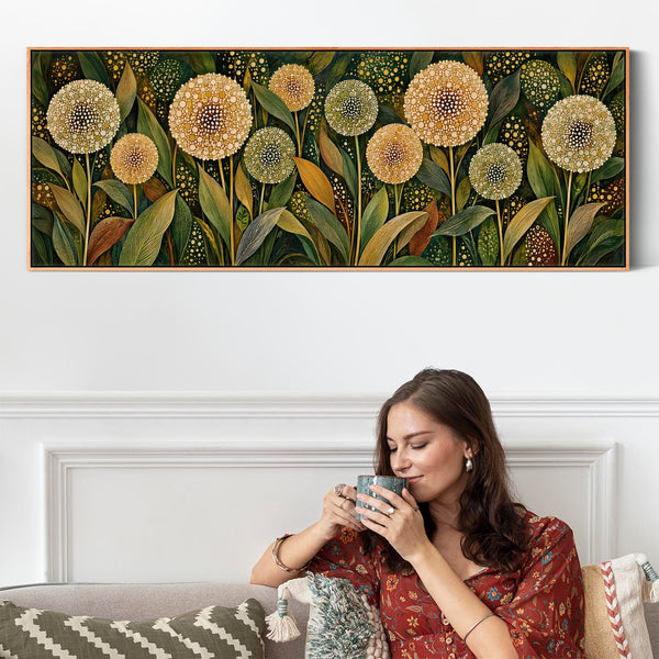 Wide Bedroom Framed Canvas - Green Cream Upright Art over Bed