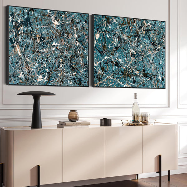 Extra Large Teal Jackson Pollock Inspired Pair Framed Canvases