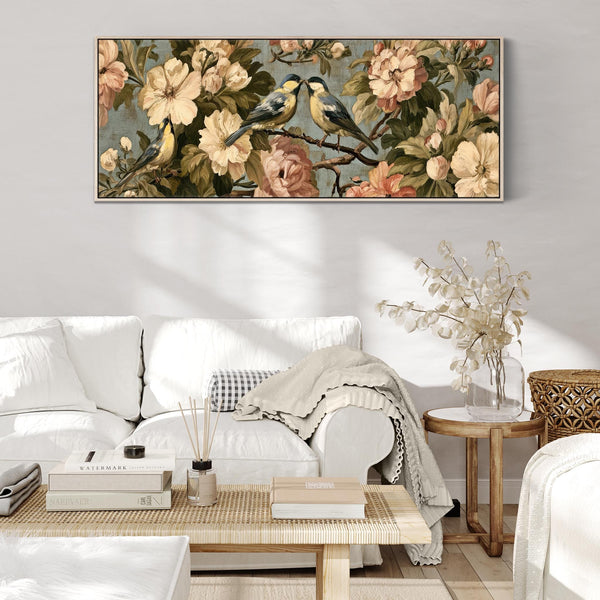 Wide Bedroom Framed Canvas Art over Bed Vintage Birds Flowers