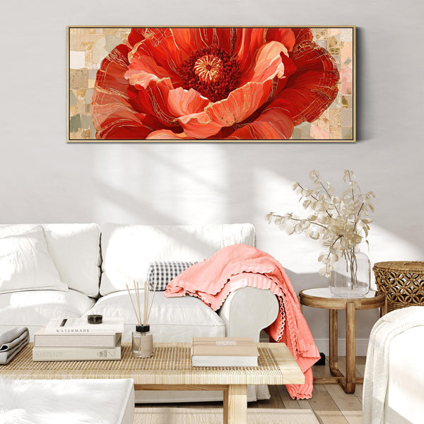 Wide Red Gold Cream Floral Bedroom Framed Canvas for Over bed