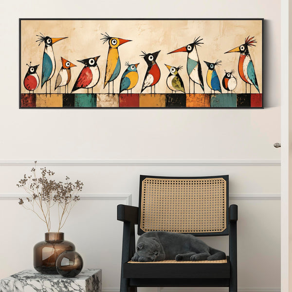 Wide Quirky Unusual Framed Canvas - Whimsical Birds on Wire