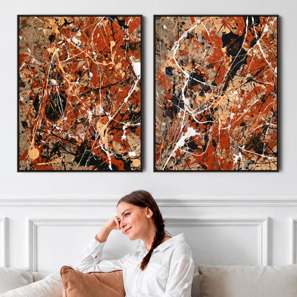 Large Living Room Framed Canvas for Lounge Rust Abstract Set 2