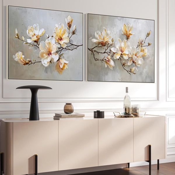 Large Living Room Framed Canvases Magnolia Blossom - Set of 2