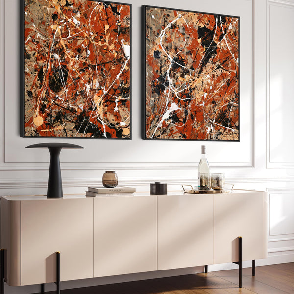 Large Living Room Framed Canvas for Lounge Rust Abstract Set 2