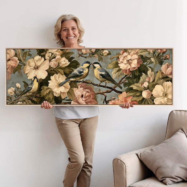Wide Bedroom Framed Canvas Art over Bed Vintage Birds Flowers