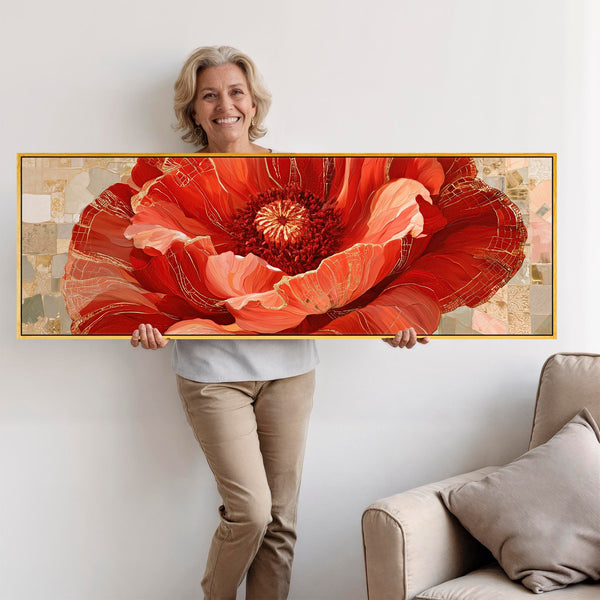 Wide Red Gold Cream Floral Bedroom Framed Canvas for Over bed