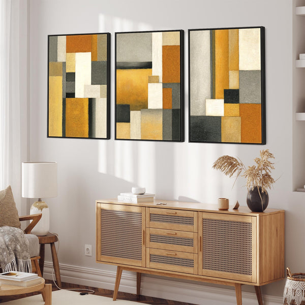 Set of 3 Mustard Yellow Orange Abstract Wall Art Framed - Geometric Warmth
