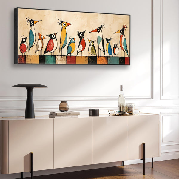 Wide Quirky Unusual Framed Canvas - Whimsical Birds on Wire