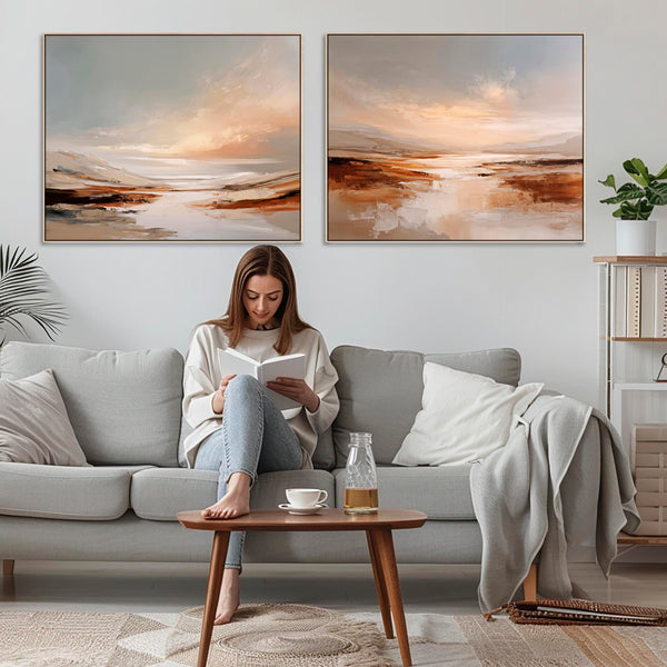 Large Living Room Framed Artwork Pair of Canvas - Ochre Shores - Set of 2