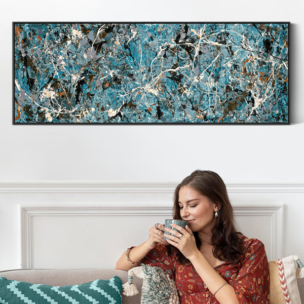 Wide Teal Horizontal Framed Canvas Jackson Pollock Style Art