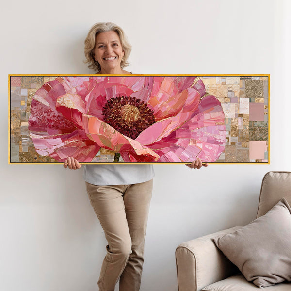 Wide Pink Gold Cream Floral Bedroom Framed Canvas for Over bed