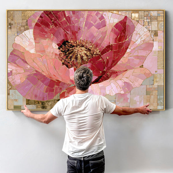 Pink Gold Cream Floral Living Room Framed Canvas for Lounge