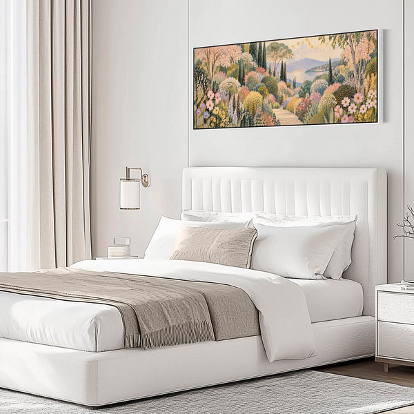 Wide Framed Pastel Canvas Art - Long Colourful Floral Pathway
