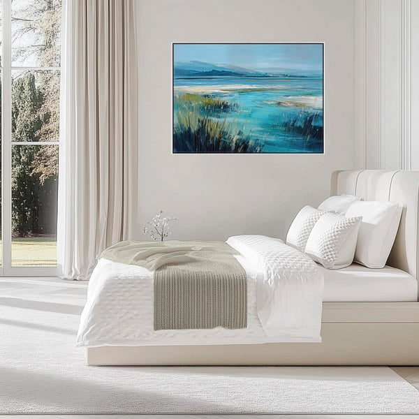 Living Room Framed Wall Art on Canvas - Teal Lounge Landscape