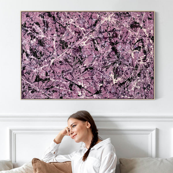 Large Mauve Purple Cream Framed Canvas - Jackson Pollock Style