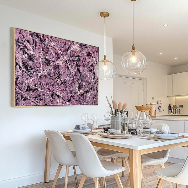 Large Mauve Purple Cream Framed Canvas - Jackson Pollock Style