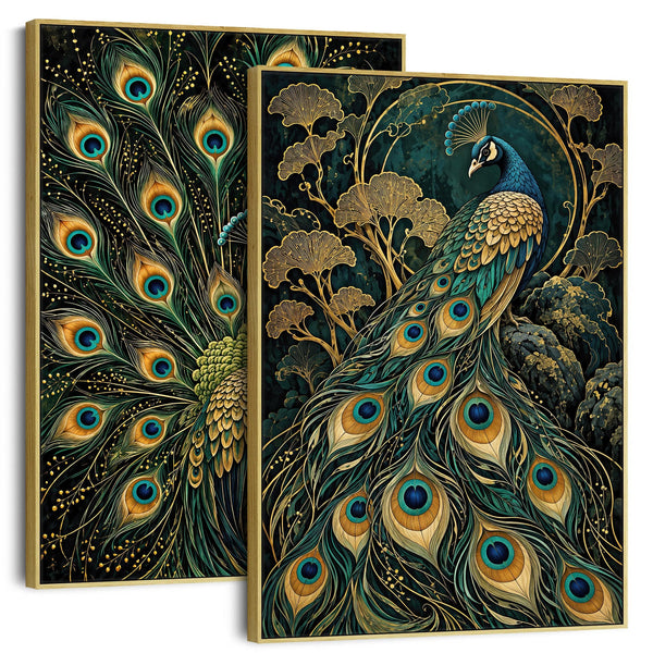 Maximalist Teal Gold Peacock - Framed Pair of Canvases Set of 2