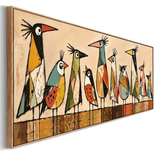 Wide Unique Colourful Framed Canvas - Modern Birds Kitchen Art