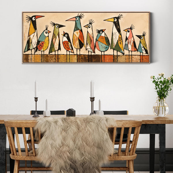 Wide Unique Colourful Framed Canvas - Modern Birds Kitchen Art