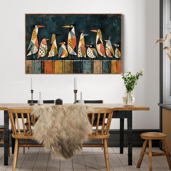 Large Unusual Colourful Framed Canvas - Modern Funky Birds Art