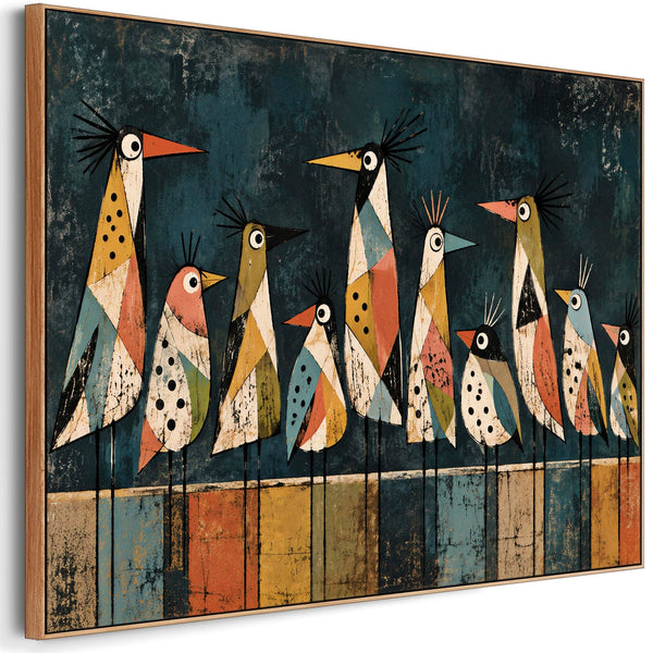 Large Unusual Colourful Framed Canvas - Modern Funky Birds Art