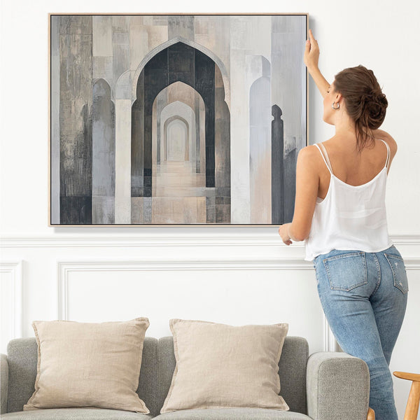 Moroccan Moorish Neutral Framed Wall Art Canvas - Granada Arch