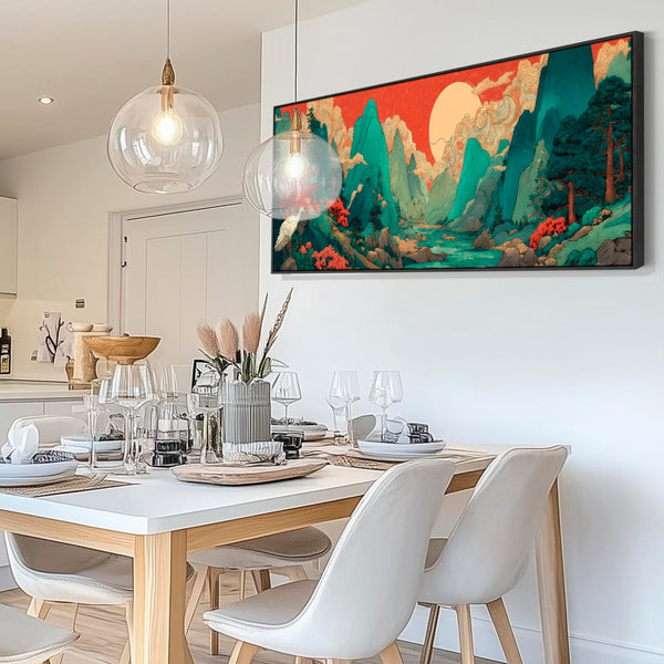Wide Japanese Horizontal Framed Artwork - Terracotta Teal Mountain Sunrise