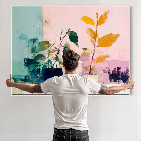 Abstract Colourul Floral - Pink Green Framed Canvas Art Print