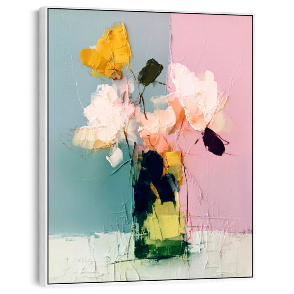 Abstract Colourful Floral Vase - Pink Green Framed Canvas Artwork Print