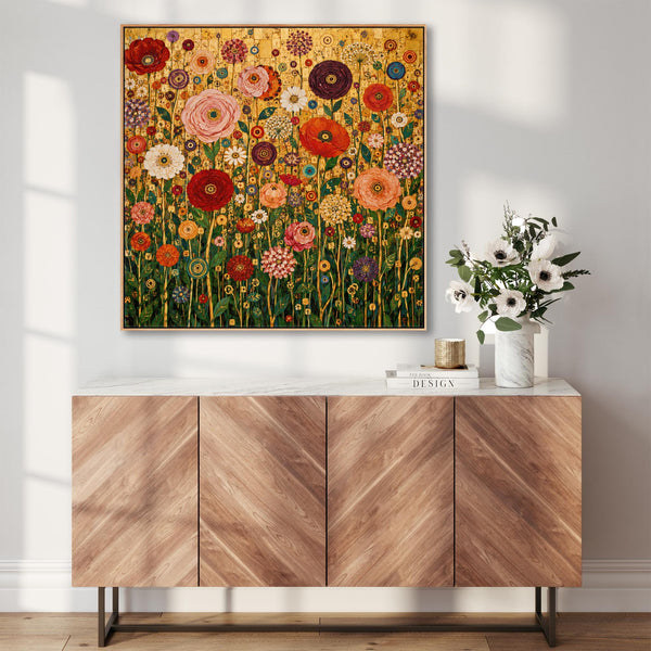 Bright Colourful Gustav Klimt inspired Framed Floral Canvas Art