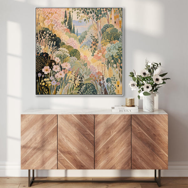 Framed Pastel Artwork Print on Canvas - Colourful Garden View