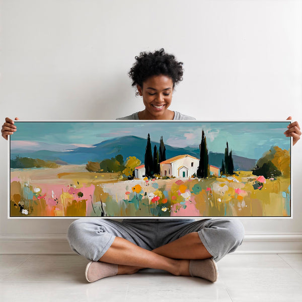 Wide Colourful Landscape Italy Tuscany Framed Panoramic Wall Canvas
