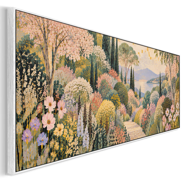 Wide Framed Pastel Canvas Art - Long Colourful Floral Pathway