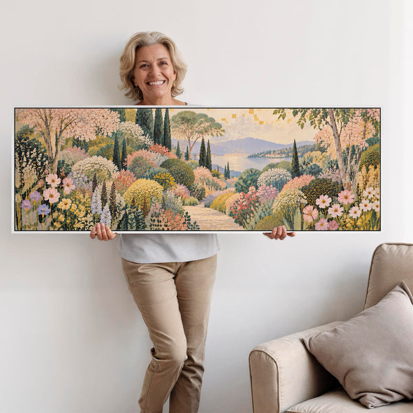 Wide Framed Pastel Canvas Art - Long Colourful Floral Pathway