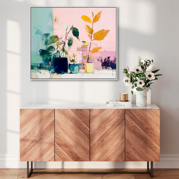Abstract Colourul Floral - Pink Green Framed Canvas Art Print