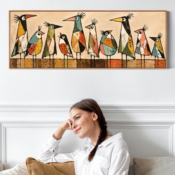 Wide Unique Colourful Framed Canvas - Modern Birds Kitchen Art