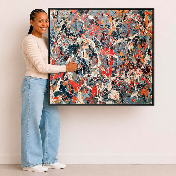 Large Jackson Pollock Inspired Framed Canvas Art - Slate Storm