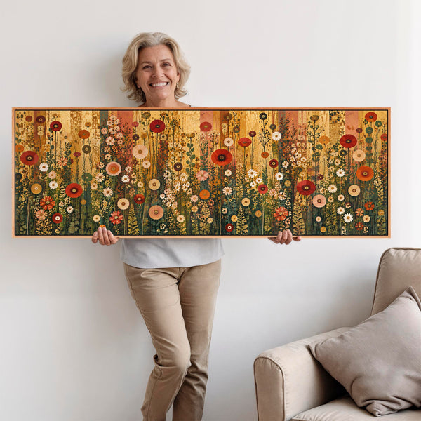 Wide Abstract Floral Gustav Klimt inspired Framed Long Canvas
