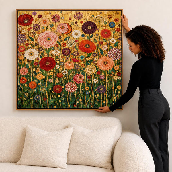 Bright Colourful Gustav Klimt inspired Framed Floral Canvas Art