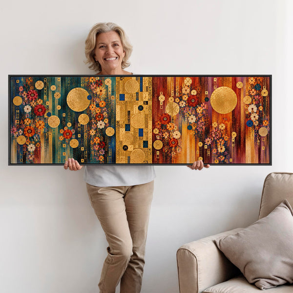 Long Colourful Gustav Klimt inspired Framed Canvas Art - Gilded